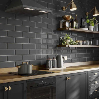 Brick Metro XL Graphite Grey Gloss Wall Tiles 10x30cm - Metro Tiles